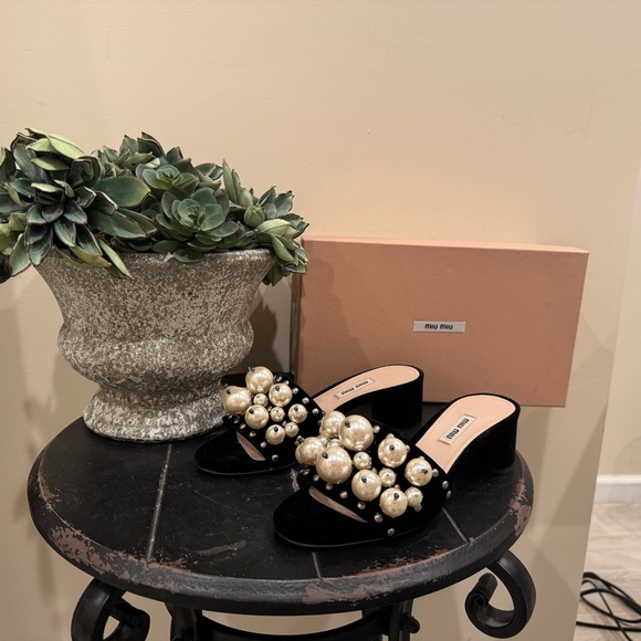 Miu Miu Shoes - Miu Miu Black Mules with Pearl Embellishments